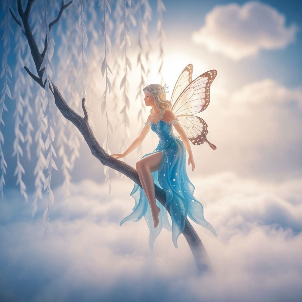 Ethereal Fairy on Willow Branch, Dreamlike Fantasy Art