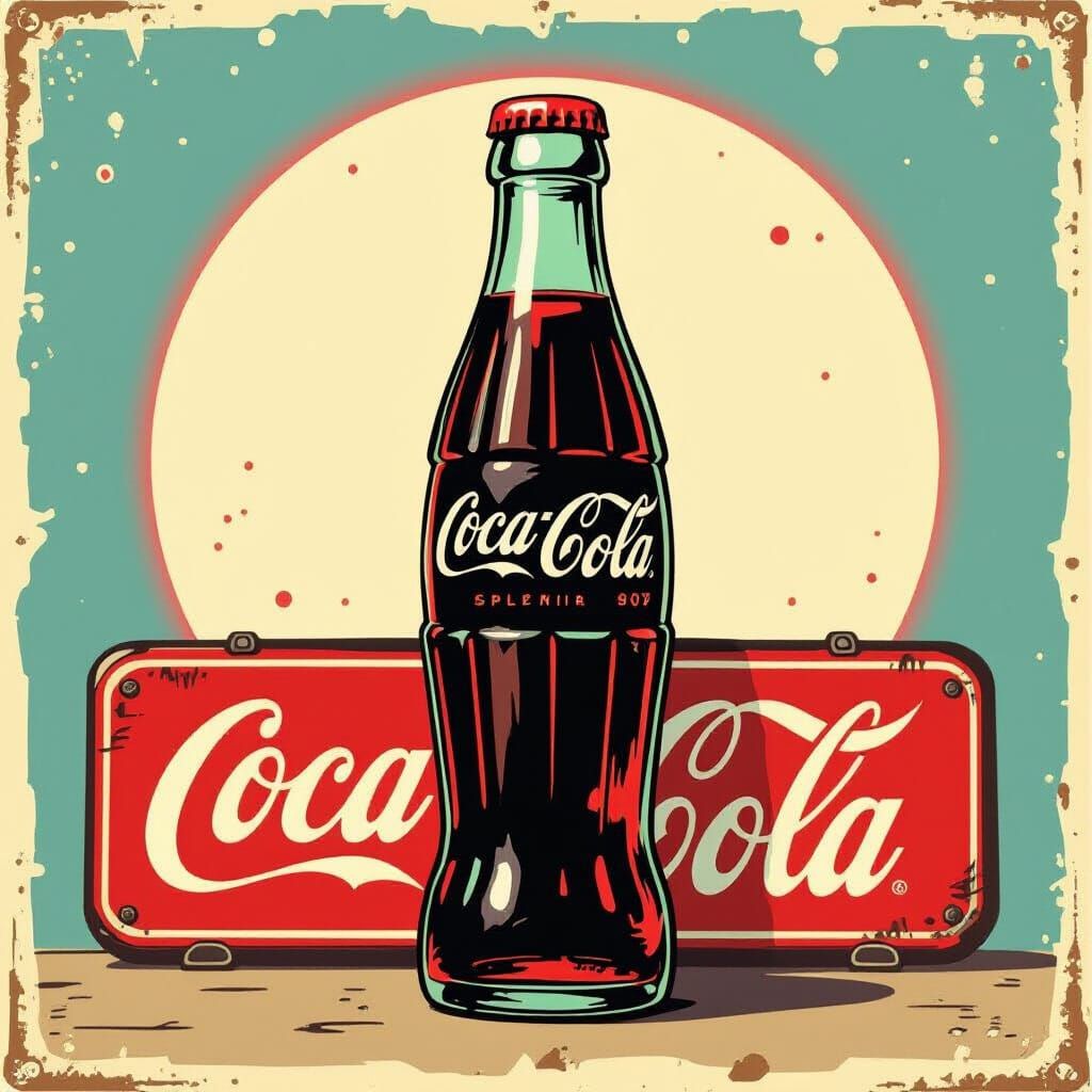 Coke Bottle on Vintage Sign in Retro Illustration Style