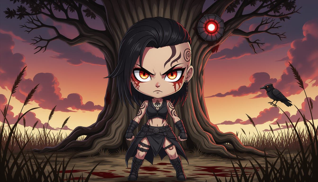 Dark Cute Chibi Horror Anime Character with Glowing Tattoos