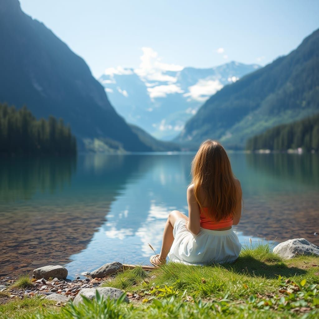 Woman Sits by a Lake in Solitude