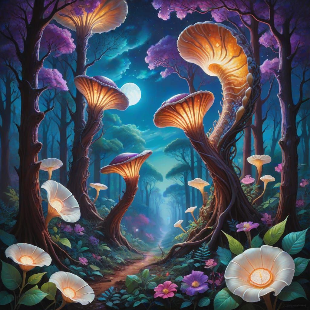 Dreamlike Forest Scene Under Blood Moonlight