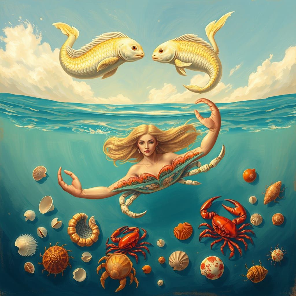 Pisces Gaze Down on Majestic Cancer Sign in Serene Ocean Sce...