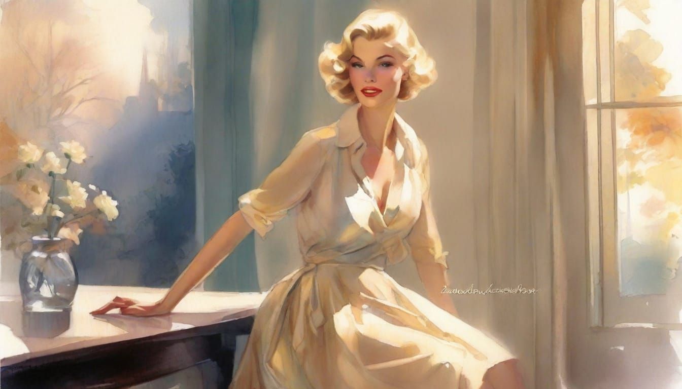 Fashion Sketch of Woman in Autumn Mist, Sumi-e Style