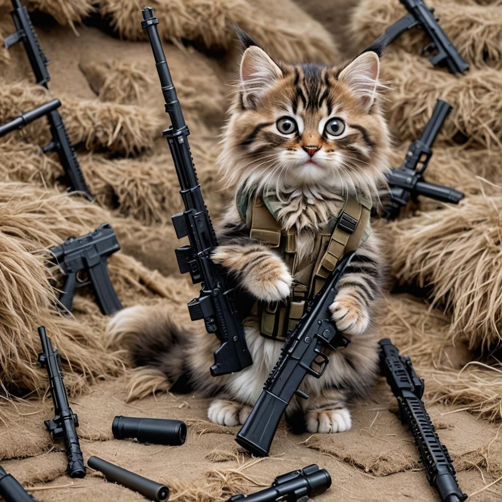 Fuzzy Kitten with Rifles: A Whimsical Image