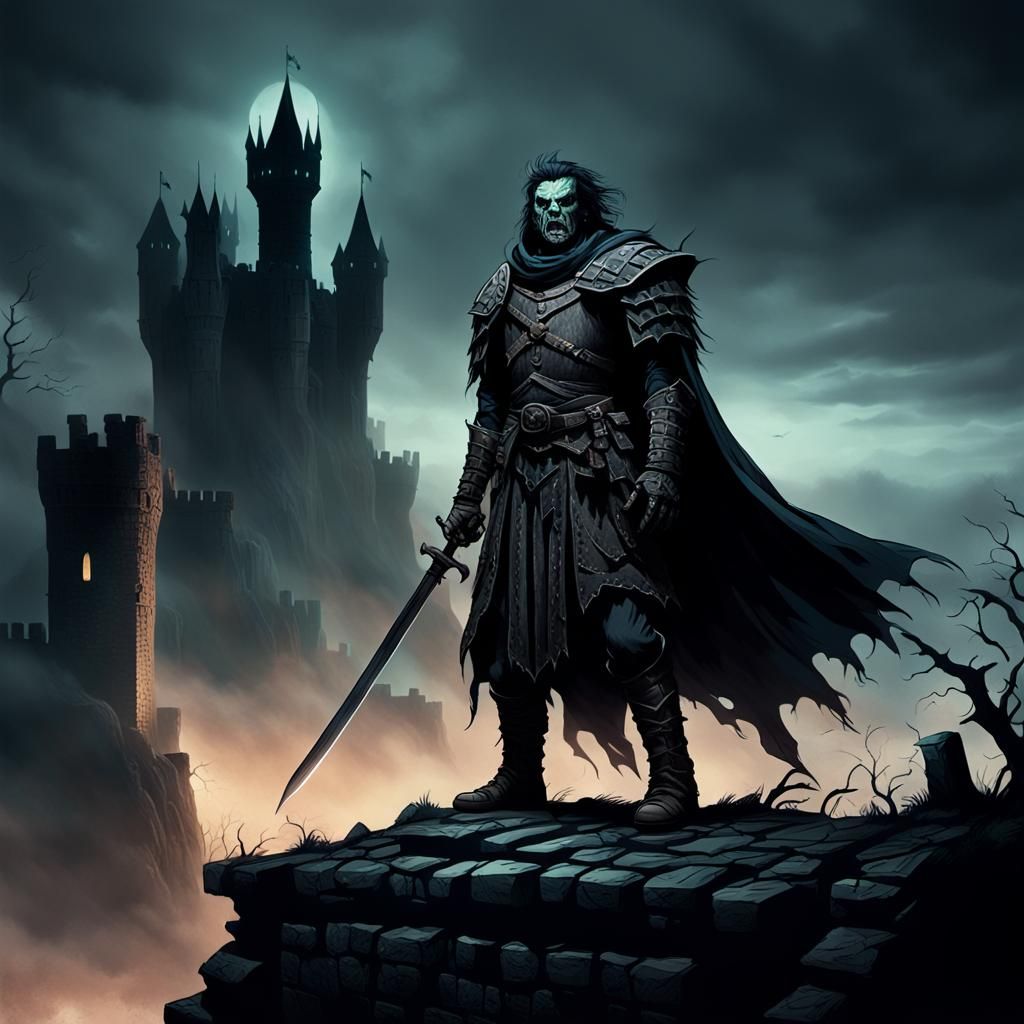 Undead Warrior Overlooks Misty Landscape in Dark Fantasy