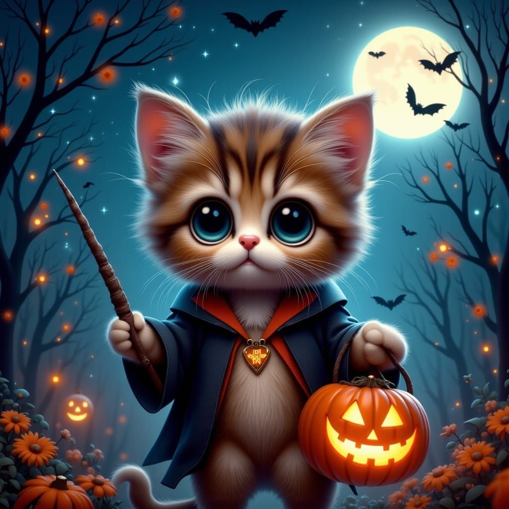 Halloween Kitten as Harry Potter in Fantasy Style