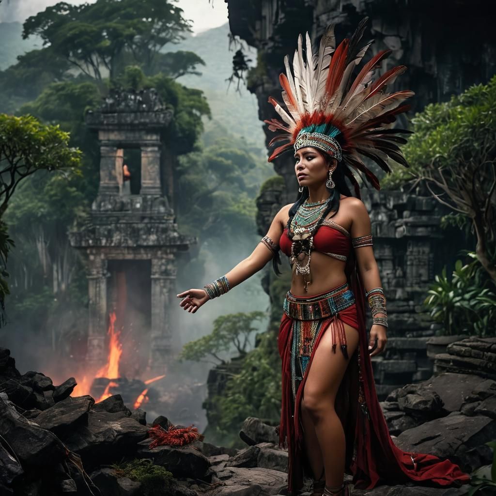 Mayan Woman Sacrifice at Volcano in Fantasy Style