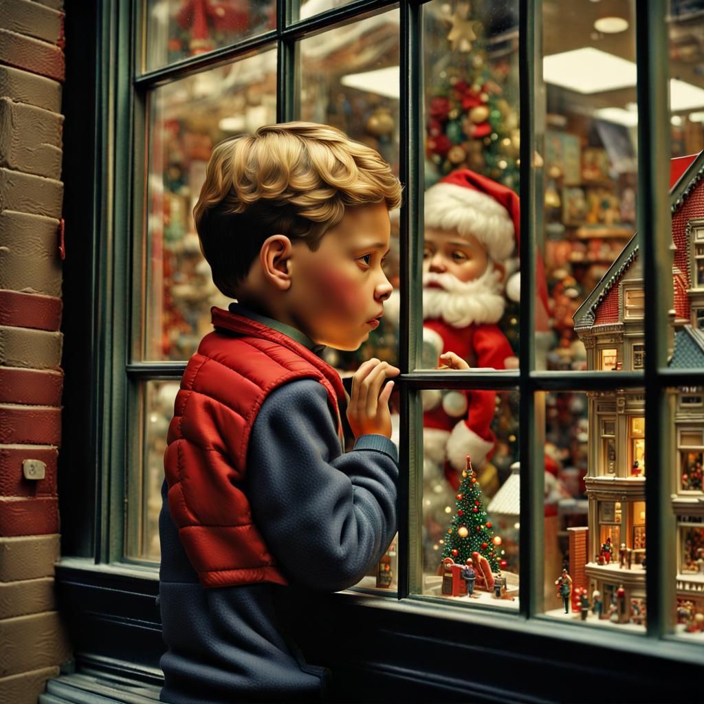 Boy Gazing into Christmas Toy Store Window