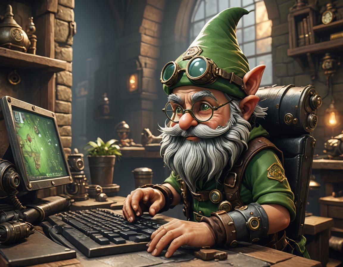 Steampunk Gnome at Computer in 3D Render