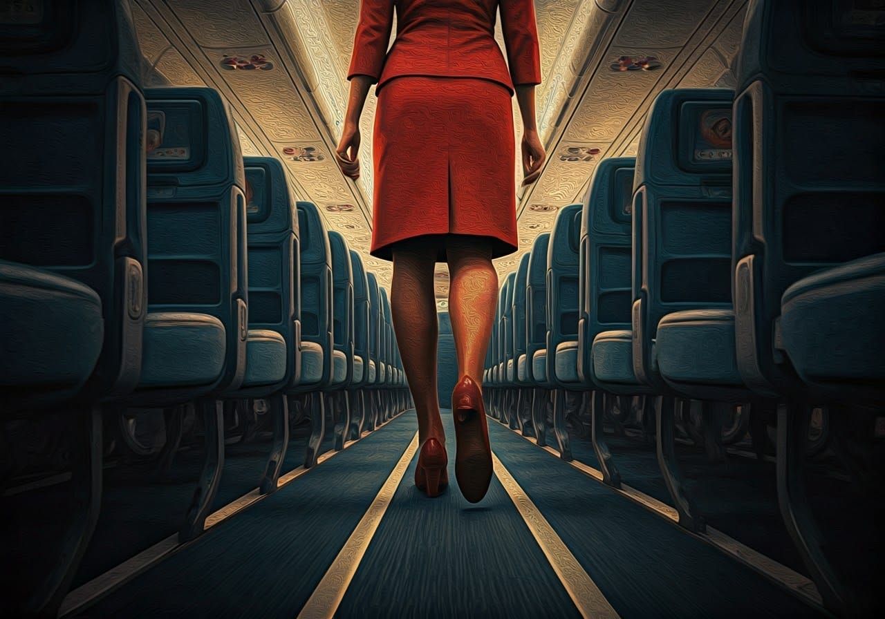 Gritty Stewardess Walking Aisles of a Plane in a Graphic Nov...