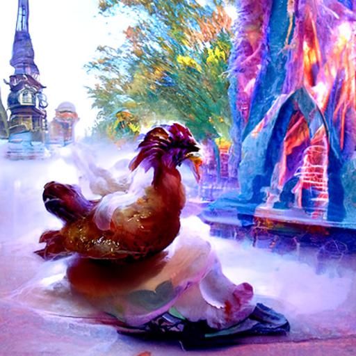 Breakdancing Chicken in Ethereal Fantasy Style