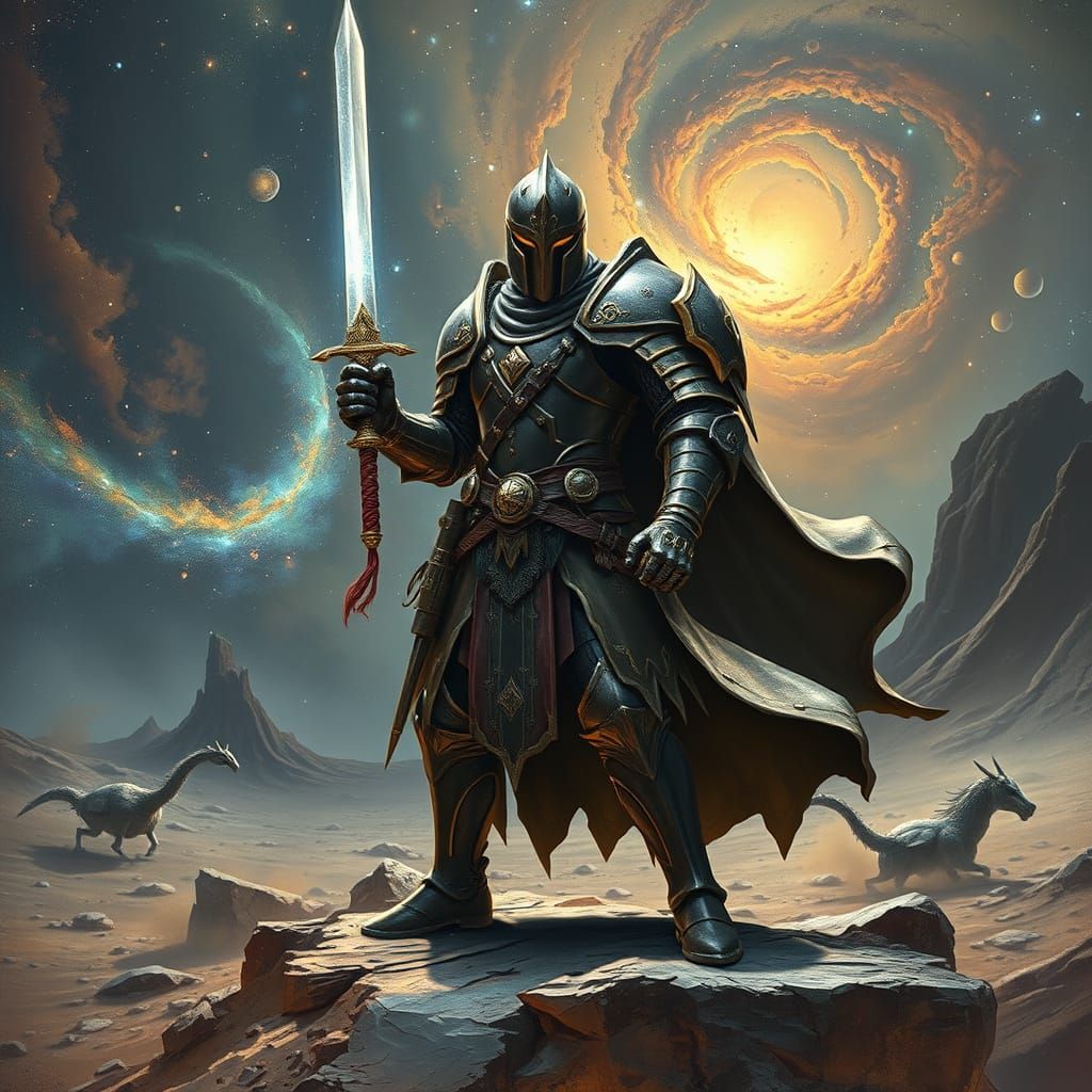 Knight on Cosmic Battlefield Wielding Ethereal Sword