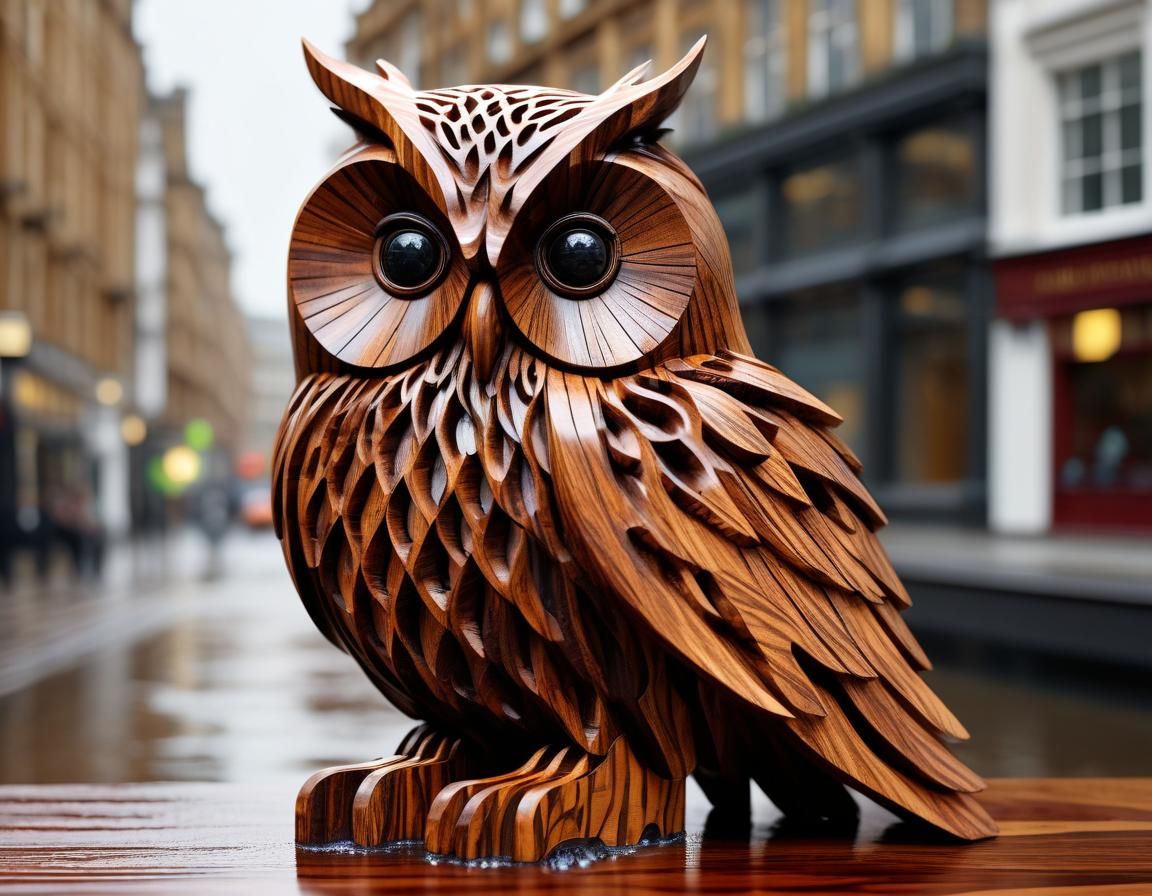 Wet Mahogany Owl Sculpture in London After Rain