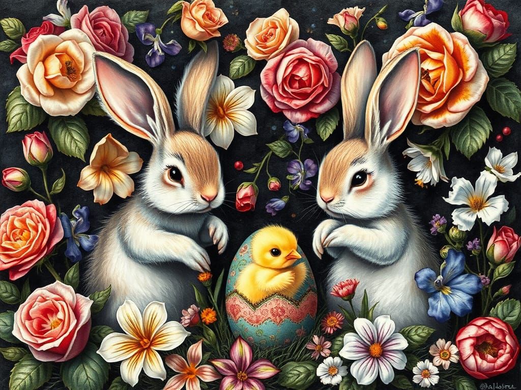 Whimsical Bunnies Painting Easter Eggs in Renaissance Style