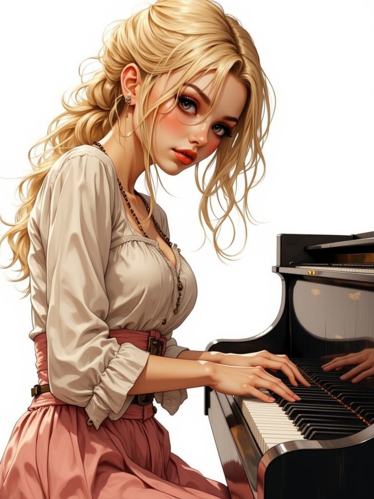 Blonde Woman Plays Piano in Final Fantasy Style