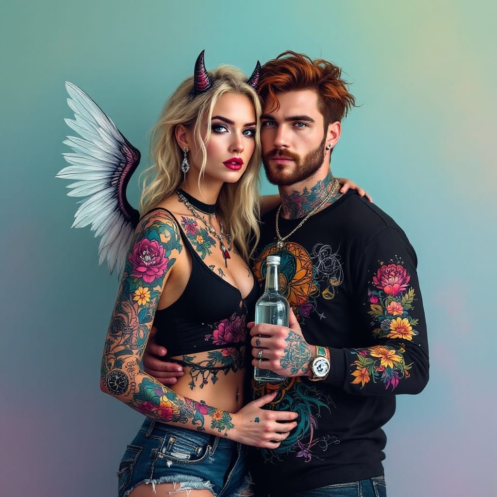 A striking 50 year old woman with long, electric blonde hair styled in loose, flowing waves, and an edgy assortment of f...