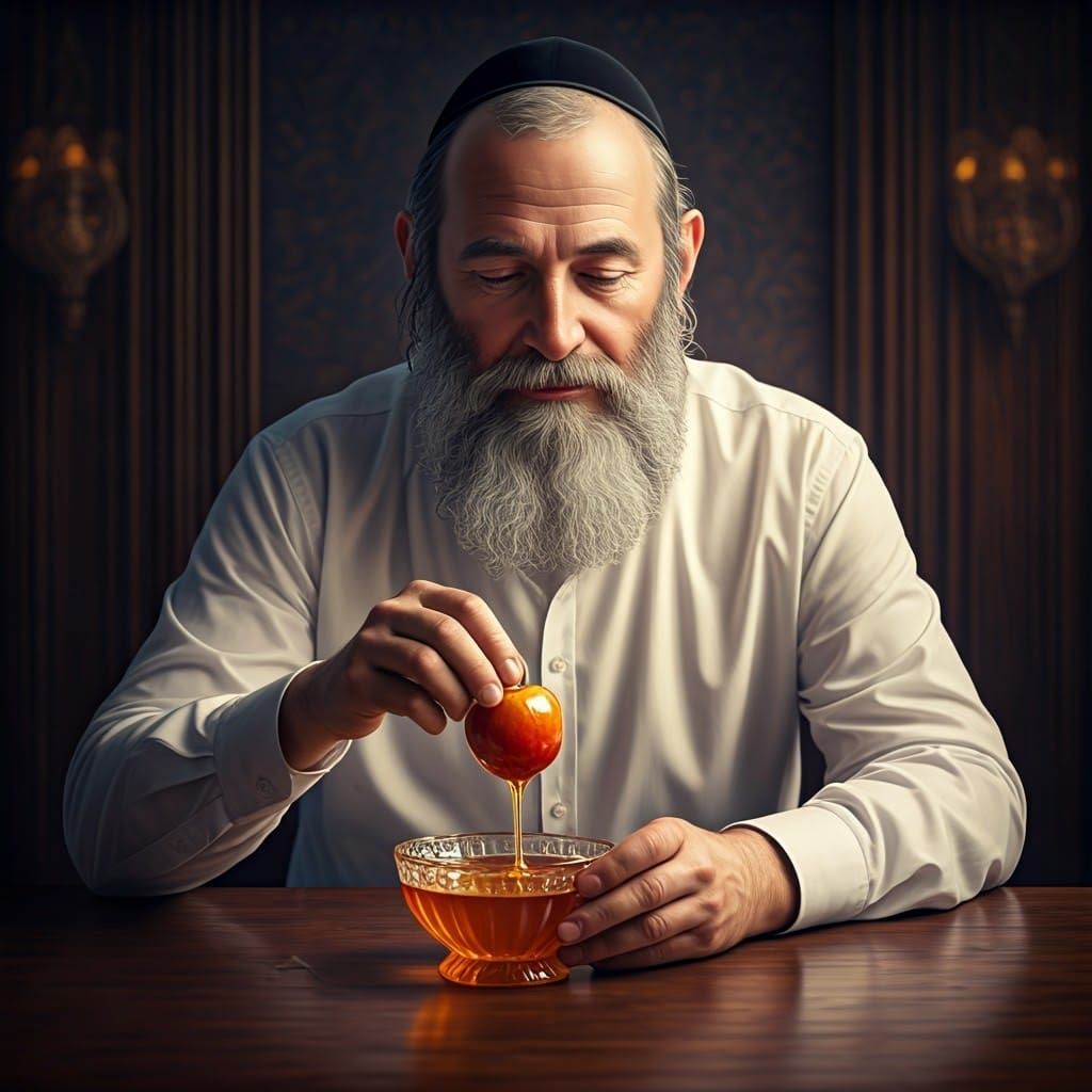 Orthodox Jew Dipping Apple in Honey, Dark Fantasy Art