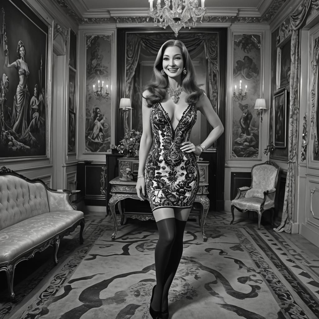 Beautiful Valerie Leon, black and white, beautiful smile, low cut dress, black pantyhose, stilettos, hyper realistic, hy...