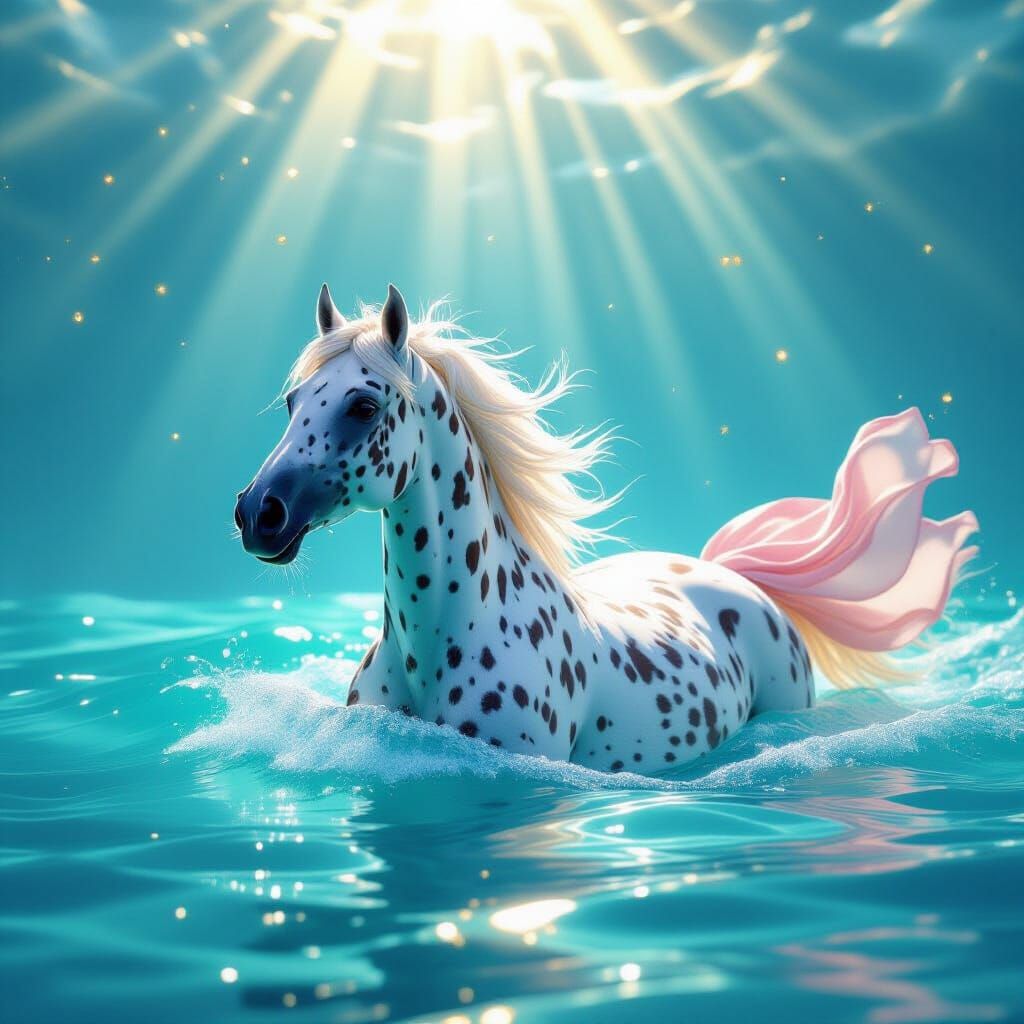 Appaloosa Horse Swimming Underwater in Turquoise Sea