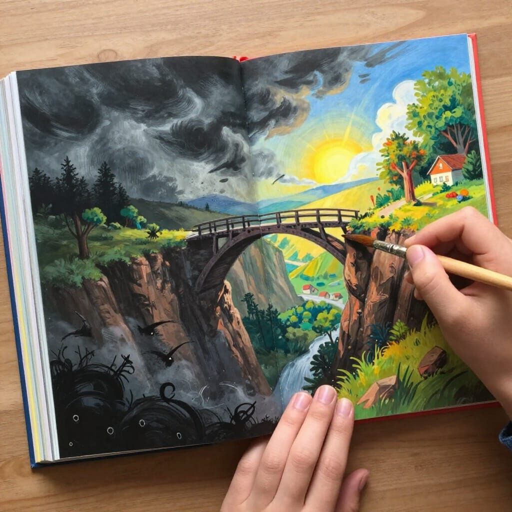 Girl in Book Contrasts Stormy Chaos with Sunny Hope