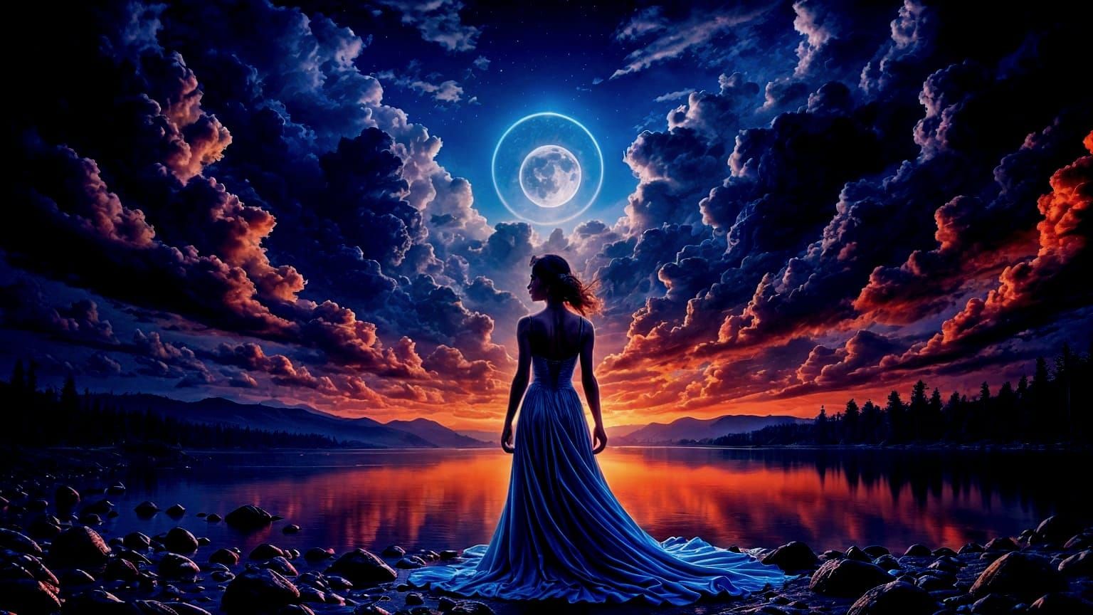 Magnetic Woman at Dawn on Cliffside River