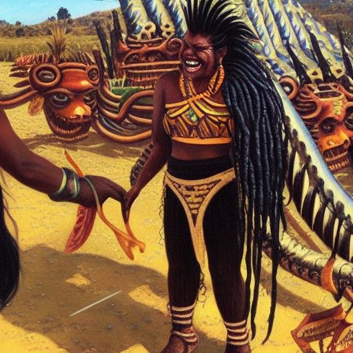 Tezcatlipoca and Quetzalcoatl Sharing Pulque, Oil Painting