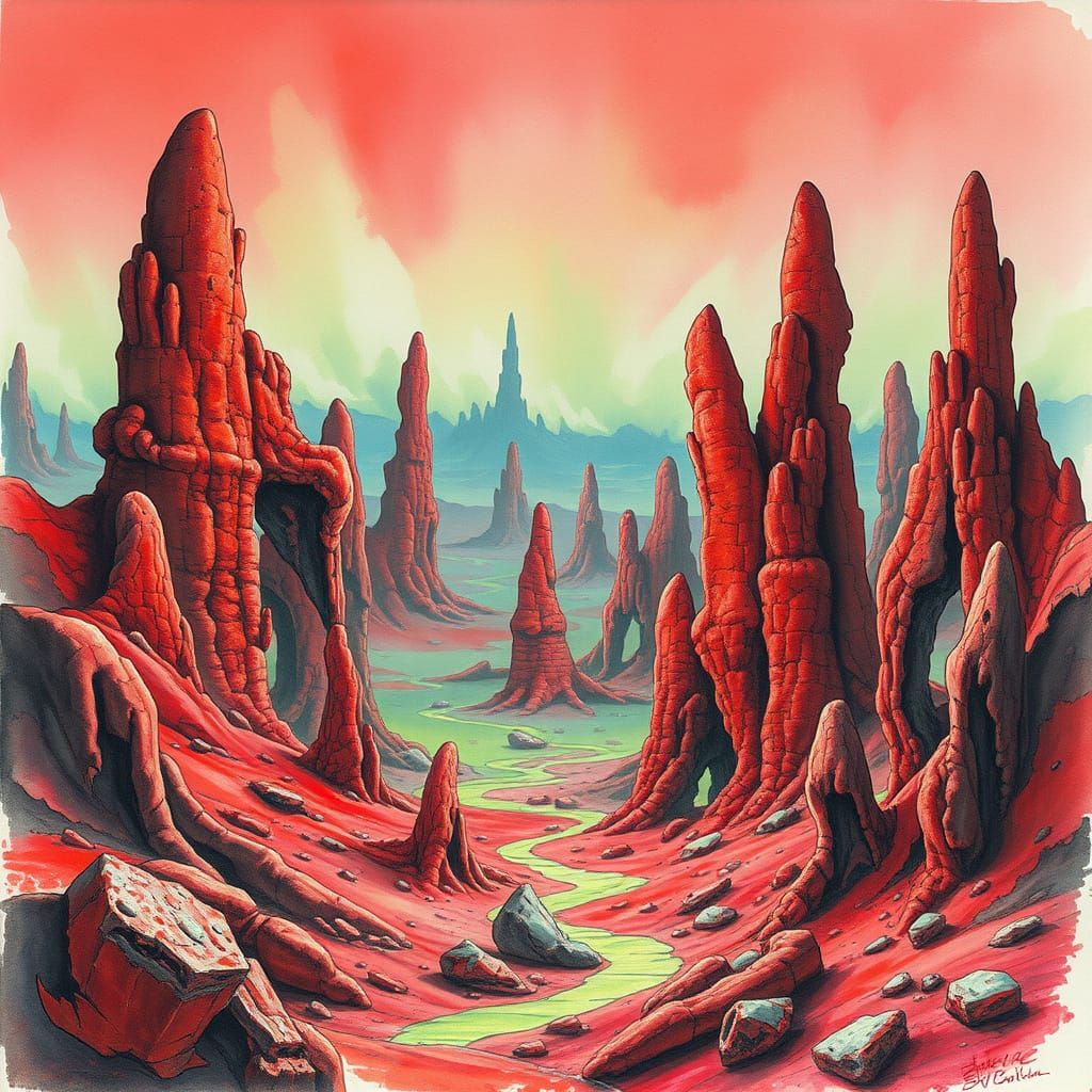Surreal Landscape of a Toxic Wasteland in Dreamlike Watercol...