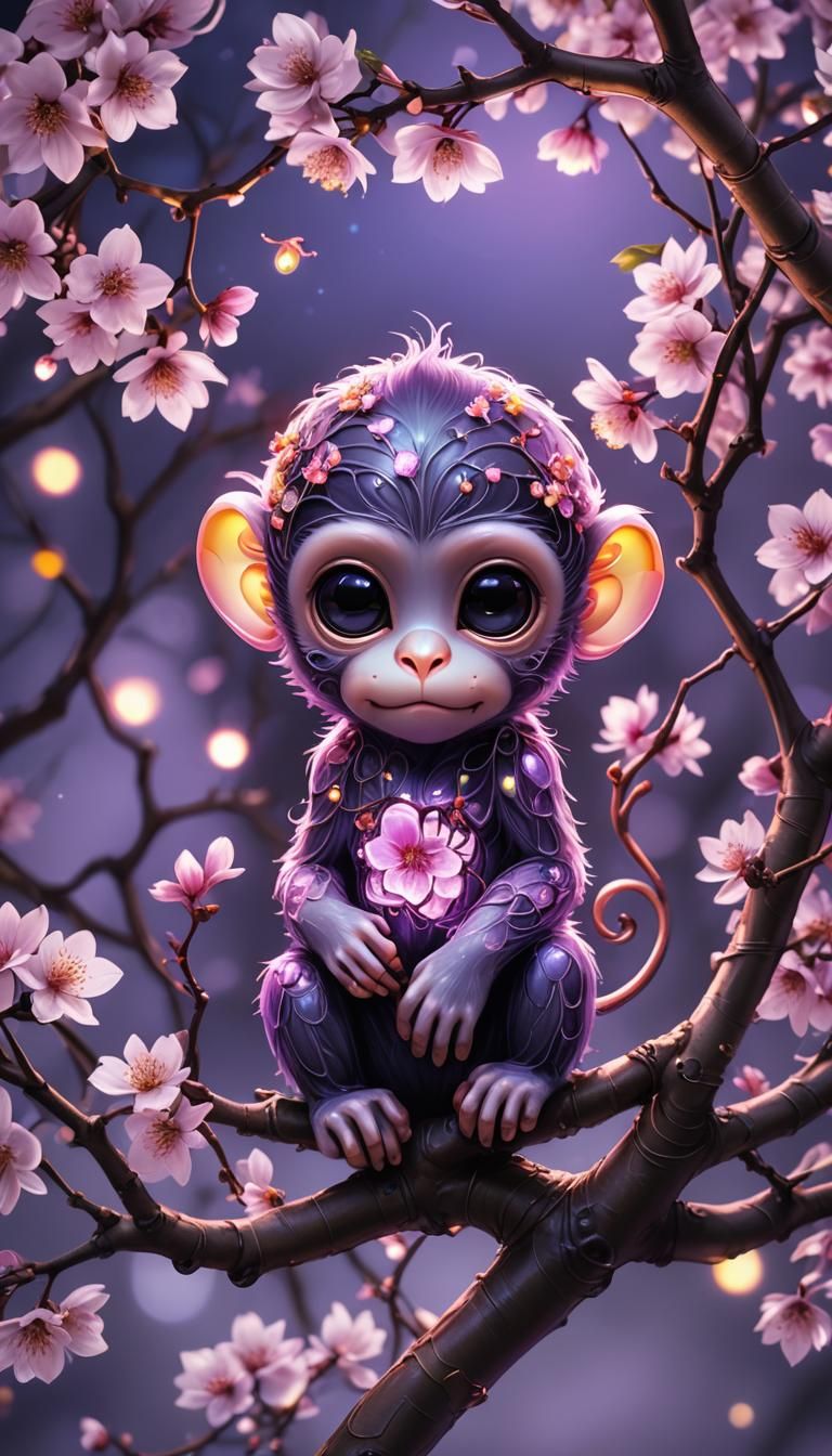 cuteness overload , neon glowing, fairy lights X-ray, contoured, surrealism, close up Chibi baby Neon violet monkey end...