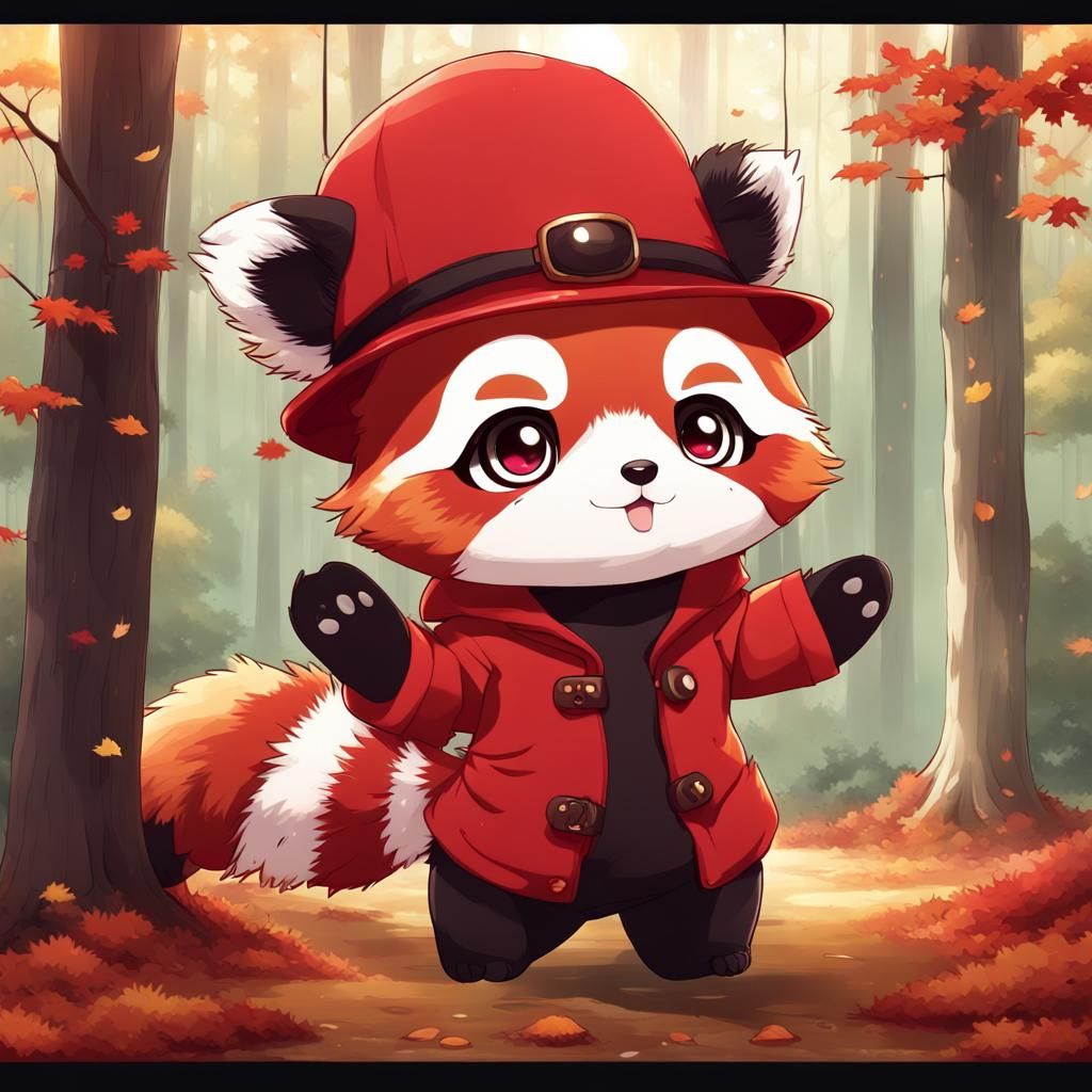 Cute Chibi Red Panda in Autumn Forest