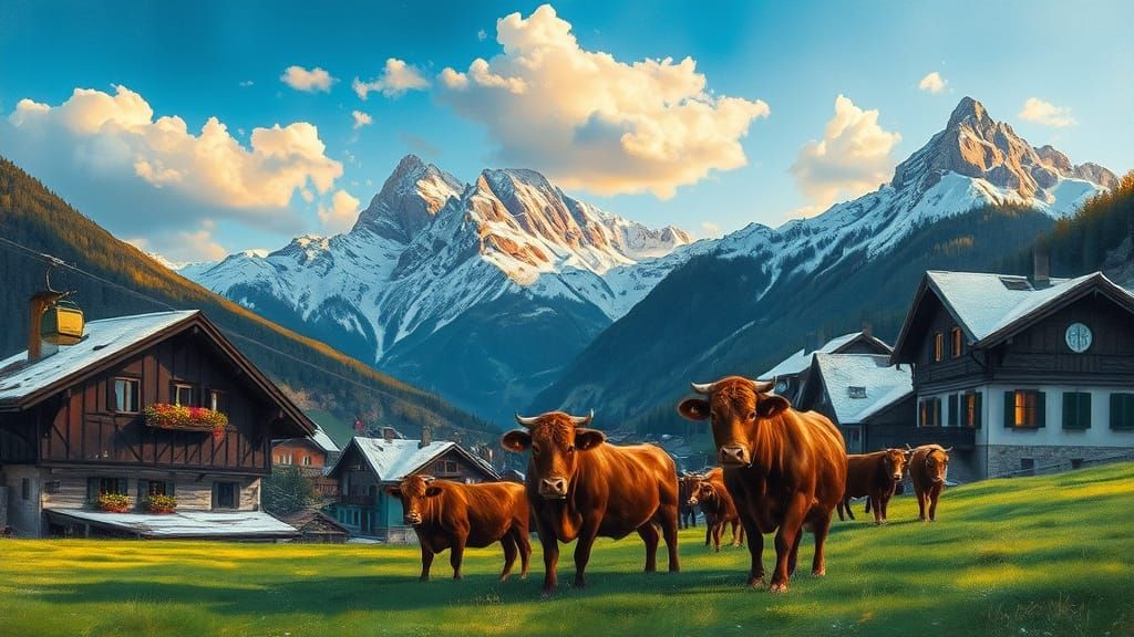 Swiss Alps Village with Chalets and Snow-Dusted Peaks