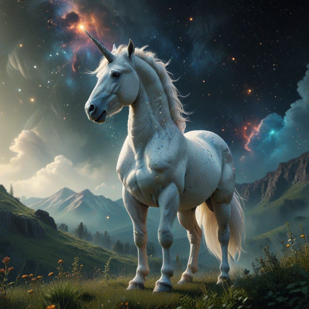 Photorealistic Unicorn Gazing at Nebula