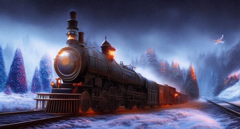 Polar Express in Winter Landscape at Nightfall