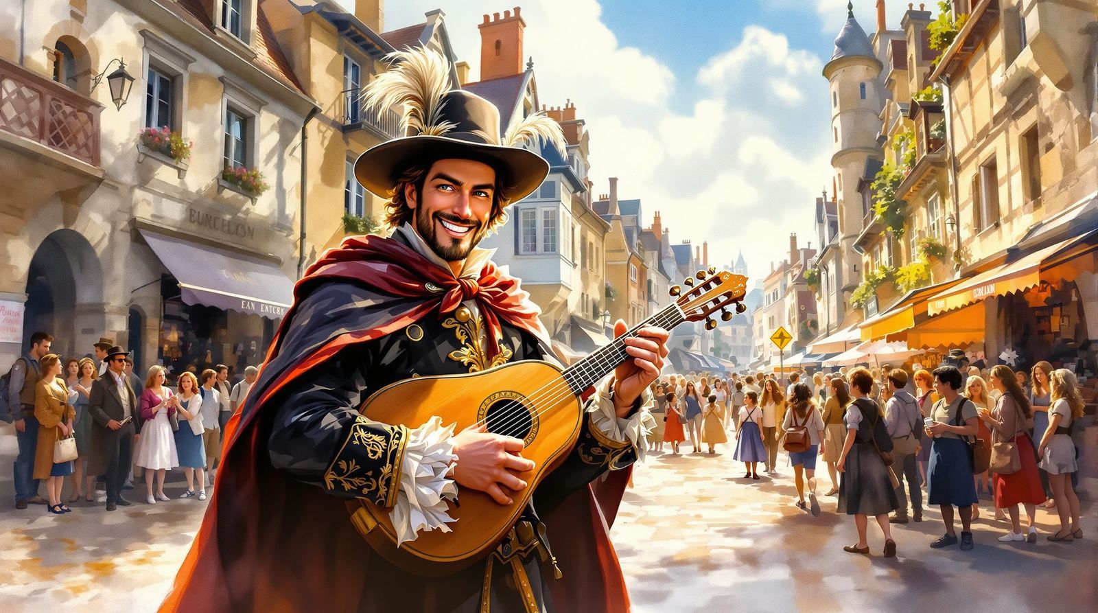 Medieval Gleeman Entertains Crowd in French Town Square
