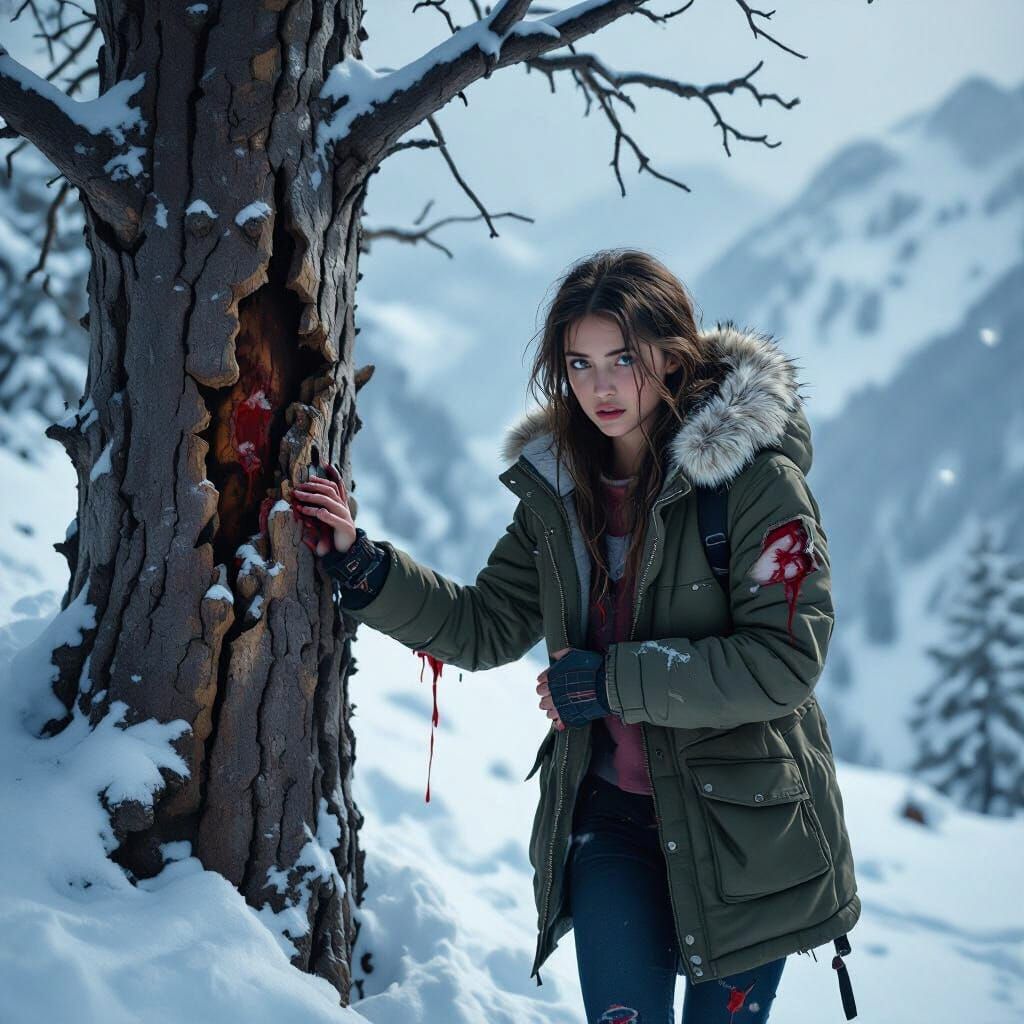Injured Girl on Snowy Mountain Path