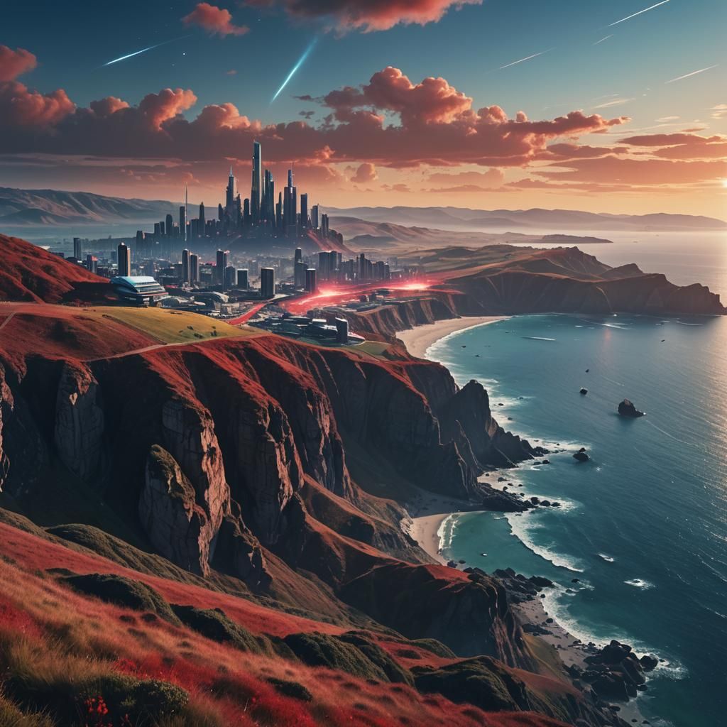 Futuristic Coastal Metropolis with Red-Blue Nebula