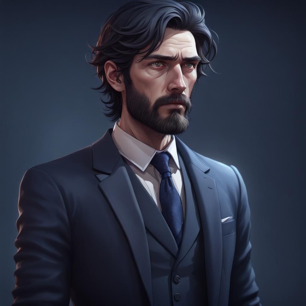 Sad Bearded Man Portrait in Hyperdetailed Style