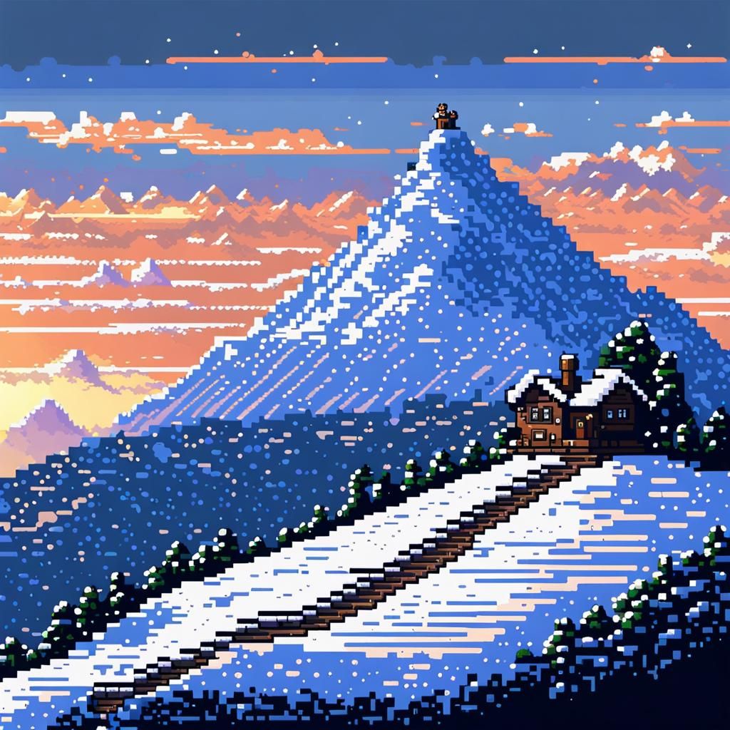 Dawn on Snowy Hill in 8-Bit Pixel Art