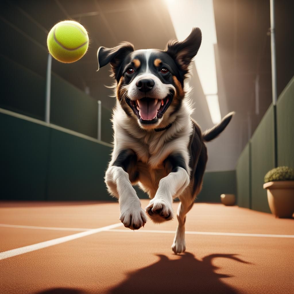 A dog smiling and chasing after his favourite tennis ball