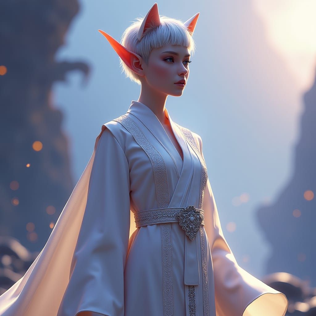 Androgynous Elf with Cat Ears in Dreamlike Setting