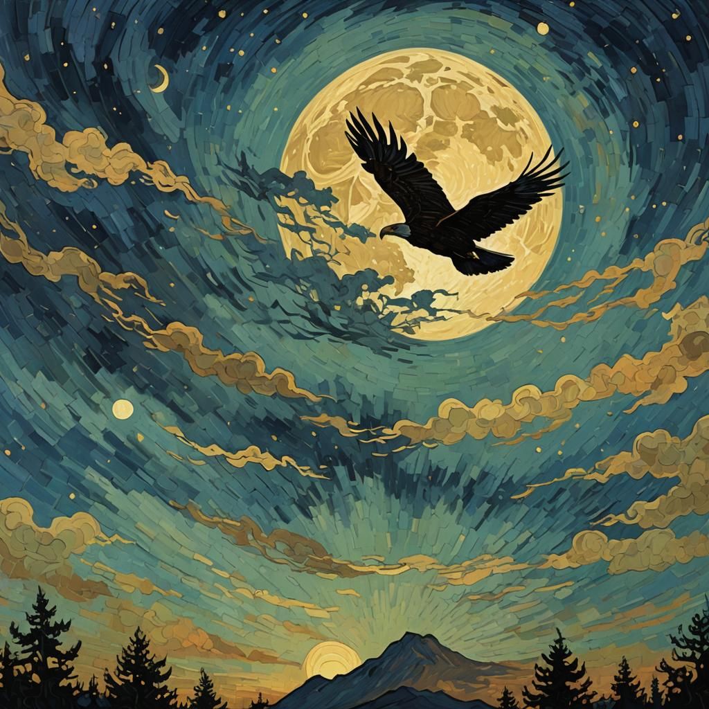 Eagle Silhouette Against Moonrise in Van Gogh Style