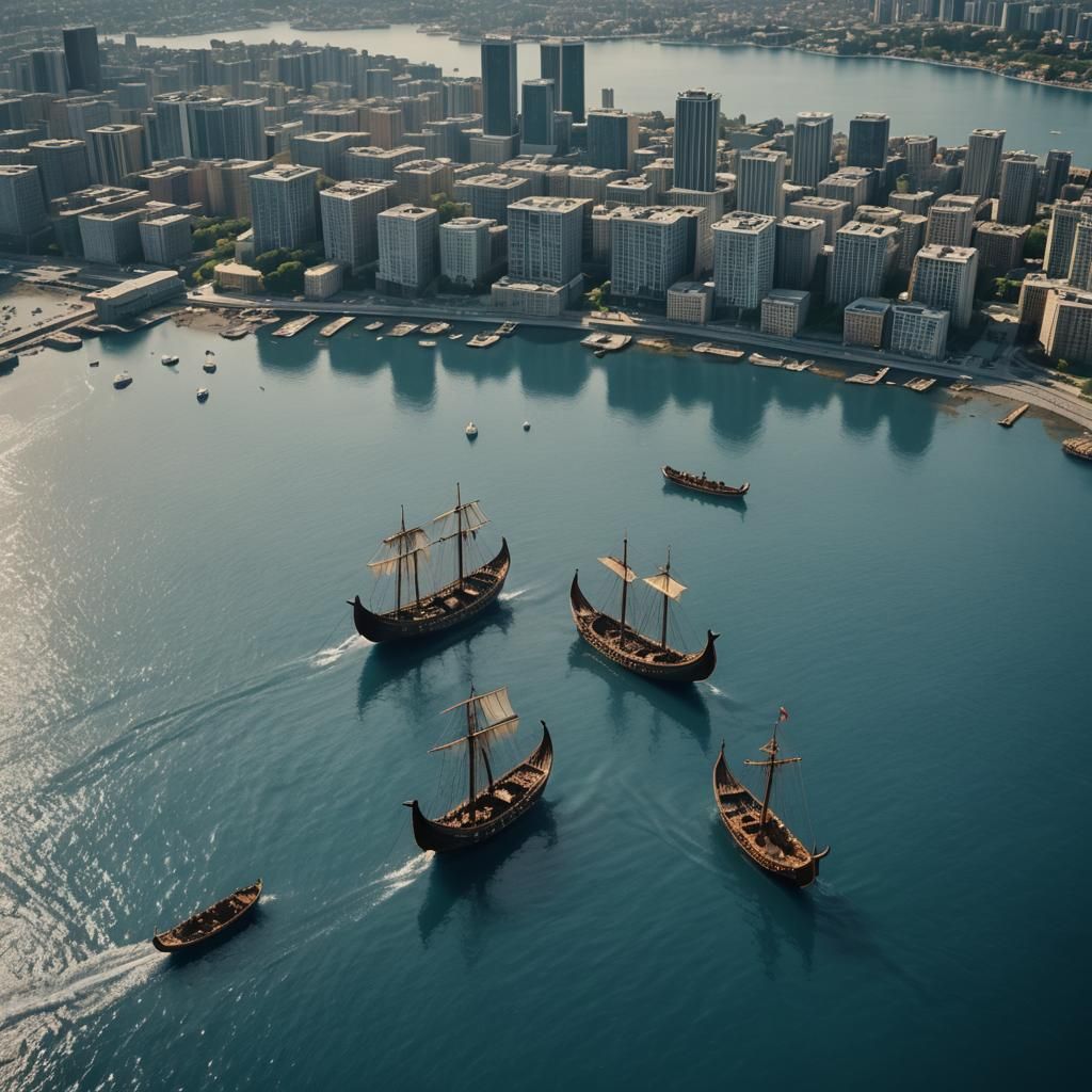 Viking Ships Above Sunken City: Cinematic Film Still