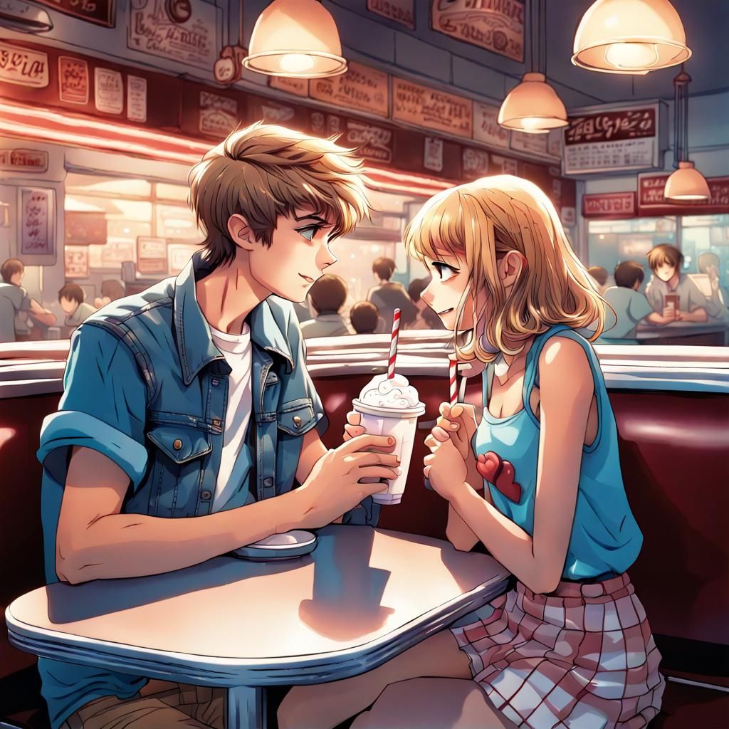 Teenagers on a First Date: Anime Style Illustration