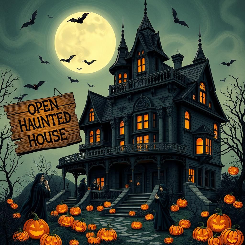 Open Haunted House Illustration in Dark Fantasy Style