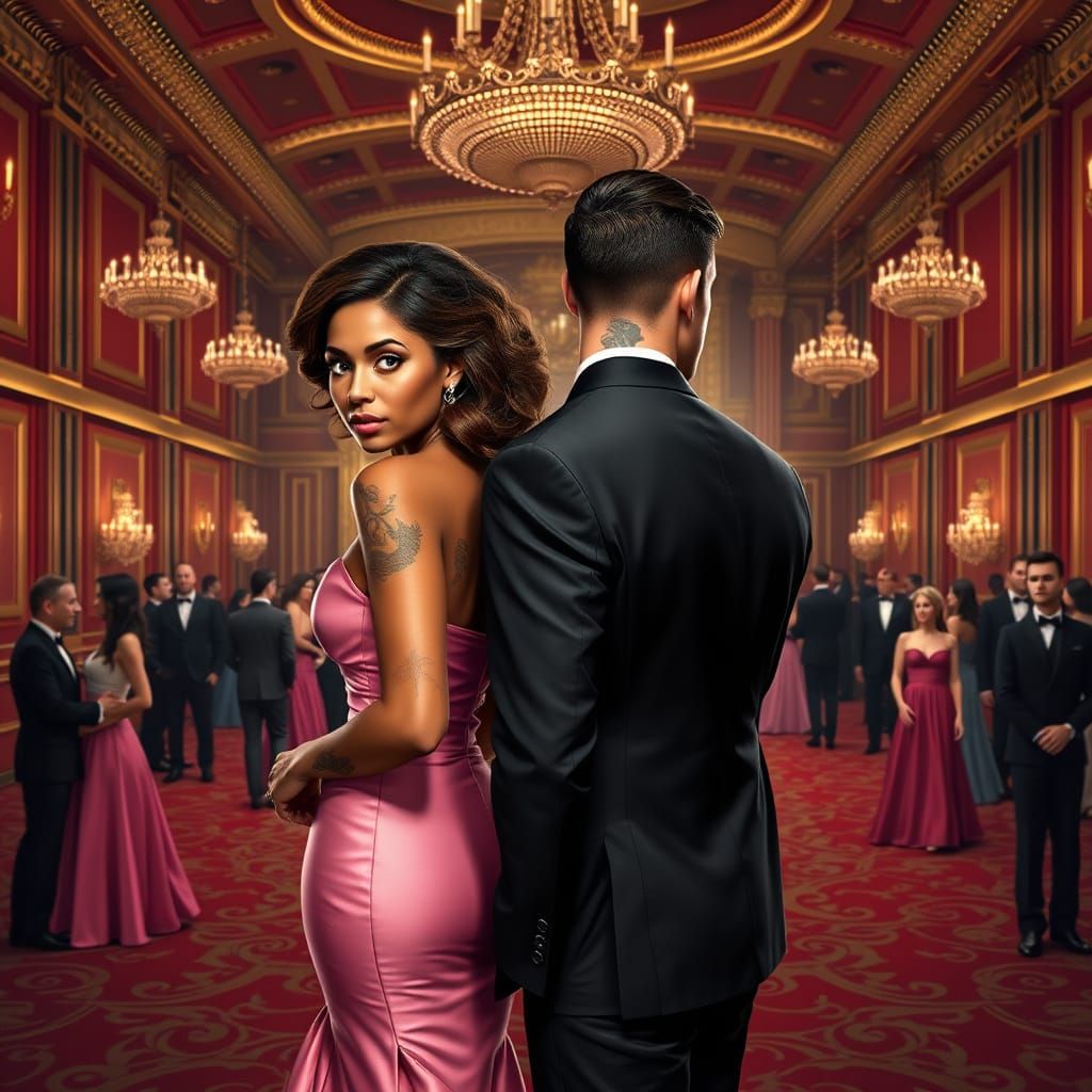 Formal Ballroom Scene with Dressed-Up Couple