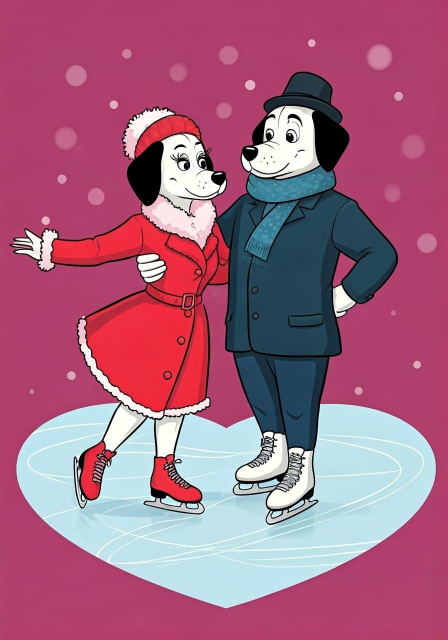 Cartoon Dalmatian Couple Iceskates on Heart-Shaped Rink in W...