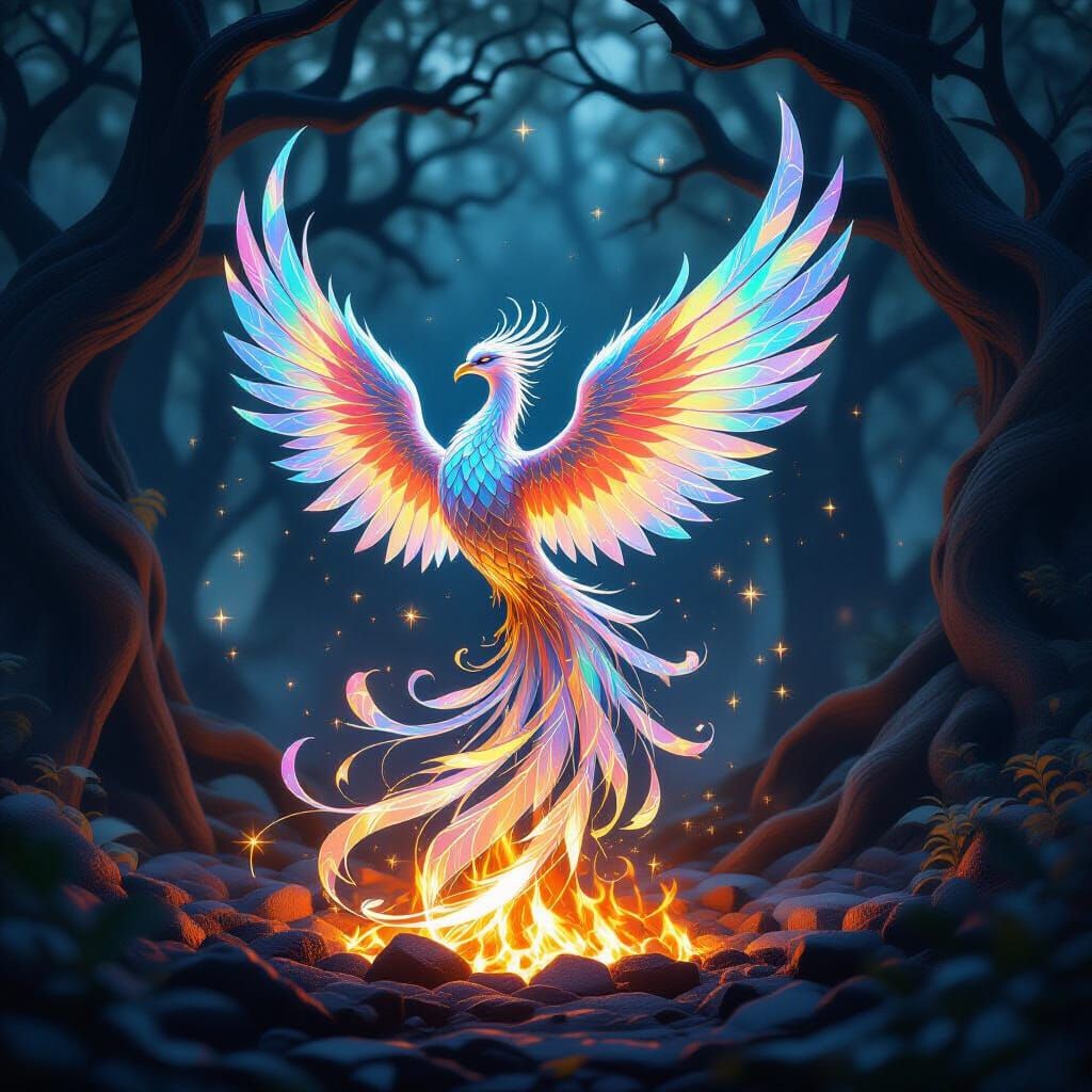 Majestic Glass Phoenix Rises From Glowing Embers in Mystical...