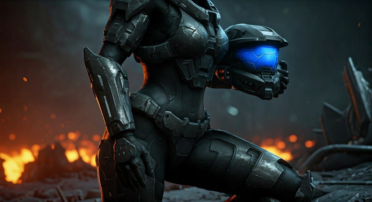 Female Halo ODST on Battlefield Holding Helmet