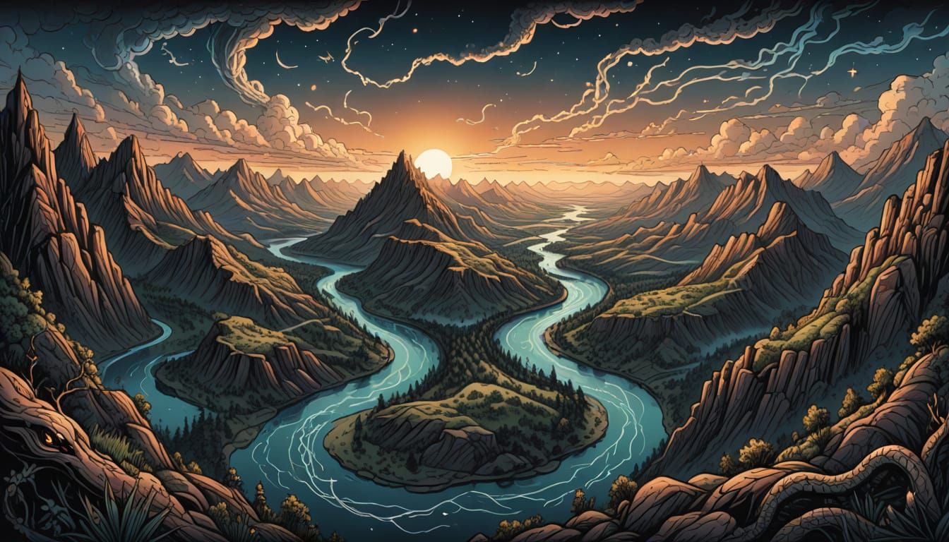 Dawn River Scene in Retro Dungeons and Dragons Style