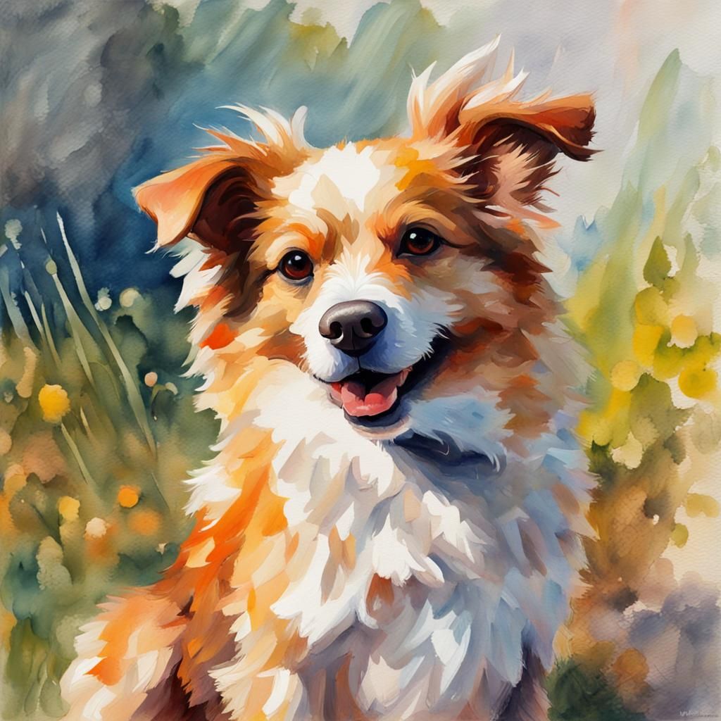 Cute Dog in Gouache Style Impressionist Painting