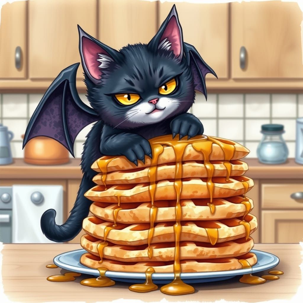 Cute Bat Cat Climbs Waffle Tower in Kitchen